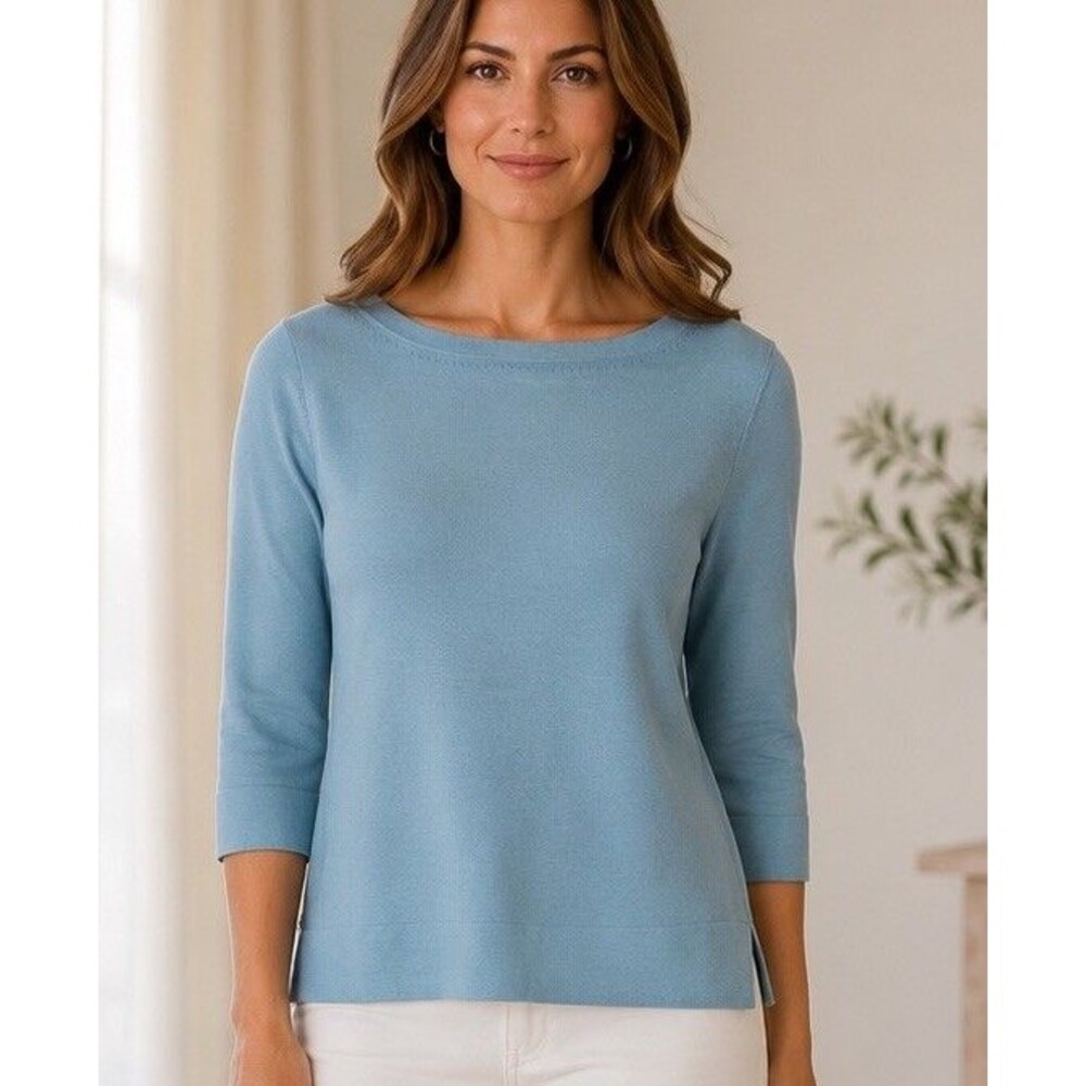 Coldwater Creek Silk Blend Sweater Top Women Large Blue Boat Neck 3/4 Sleeve
